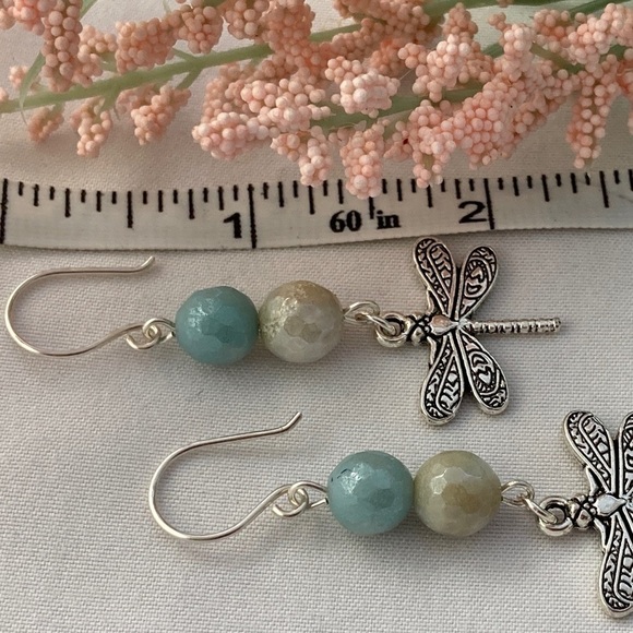 𝅺DANGLE Earrings Amazonite Beads and Dragonfly Charms - Picture 4 of 9